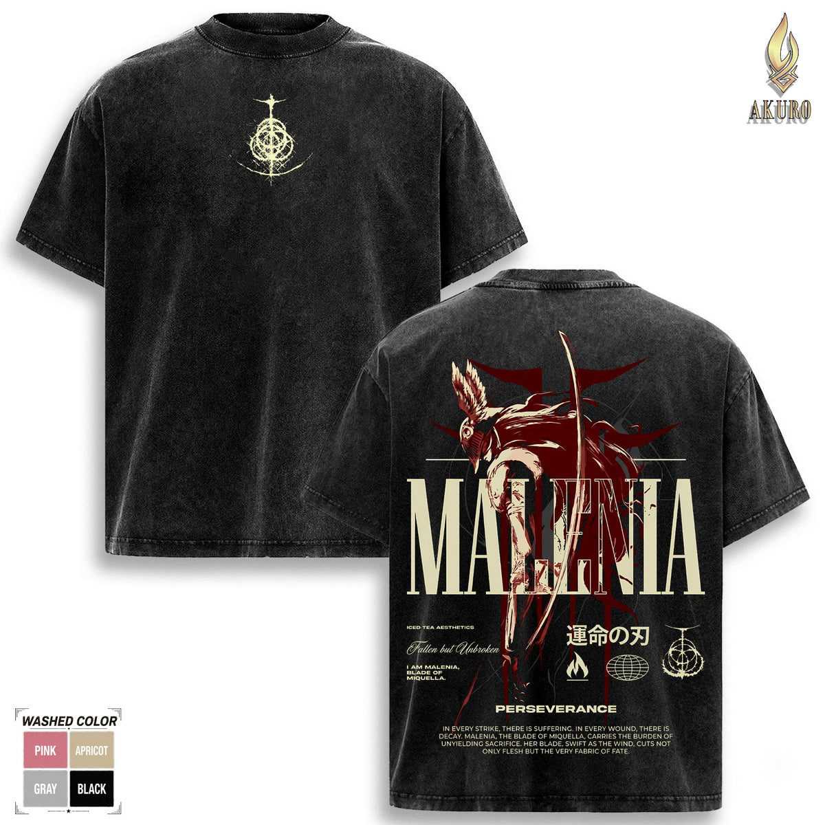 Elden Ring Shirt Malenia Blade Of Miquella Vintage Washed Oversized Gaming Graphic Tee Faded Japanese Typography Streetwear Y2K Merch Gift For Game Fan Clothes