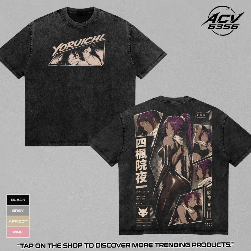 Yoruichi Shihouin Bleach Anime Graphic Tee, Shunshin Flash Step Goddess Character Shirt, Former 2nd Division Captain Apparel, Soul Reaper Black Cat Ninja Top, Manga Inspired Heavy Cotton Vintage Retro Washed T-Shirt, Anime Fan Merch, Outfit Gifts for Fan