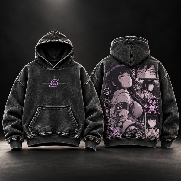 Hinata Hyuga Naruto Shippuden Vintage Washed Oversized Hoodie, Double-Sided Hinata Anime Graphic Pullover, Hidden Leaf Village Konoha Ninja Design, Retro Y2K Streetwear, Unisex Naruto Fan Gift