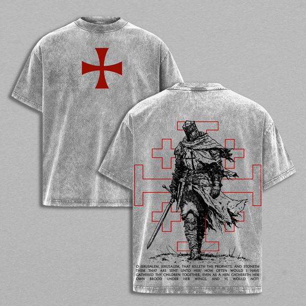 Christian Crusader Knight Vintage Washed Oversized T-Shirt, Heavy Cotton Faith Warrior Graphic Tee, Medieval Cross Knight Streetwear Shirt, Biblical Strength Apparel, Unisex Religious Gift for Christian Believers ba