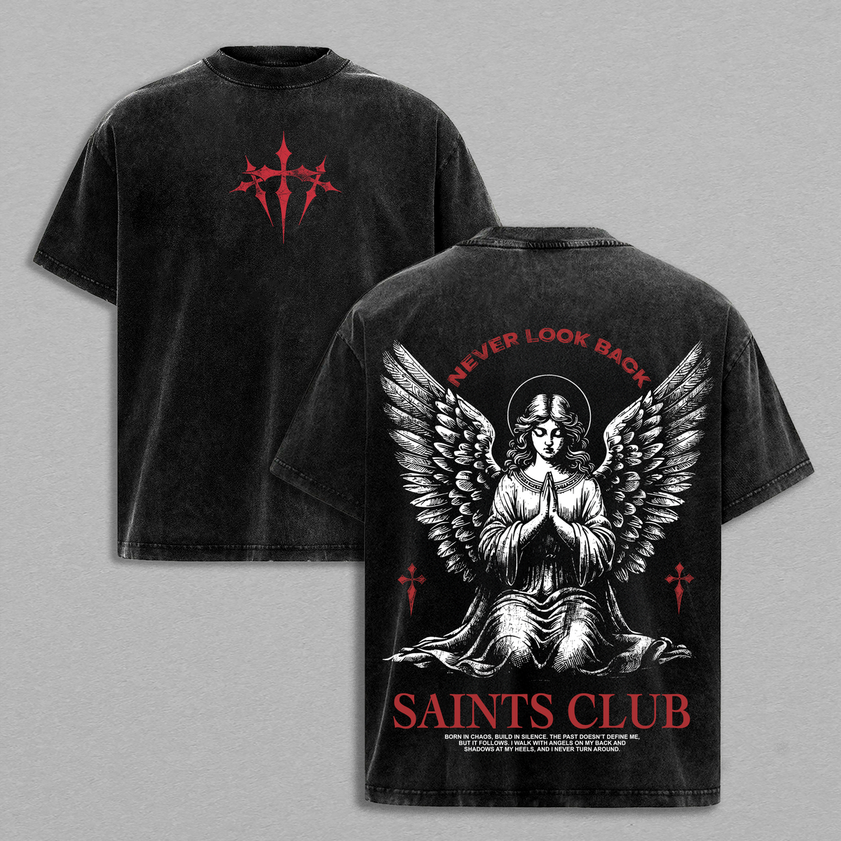 Saints Club Angel Tee | Never Look Back Vintage Washed T-Shirt /Sweatshirt / Hoodie | Faith and Redemption Streetwear | Praying Angel Graphic Christian Tee | Jesus Apparel Christian Bible Verse