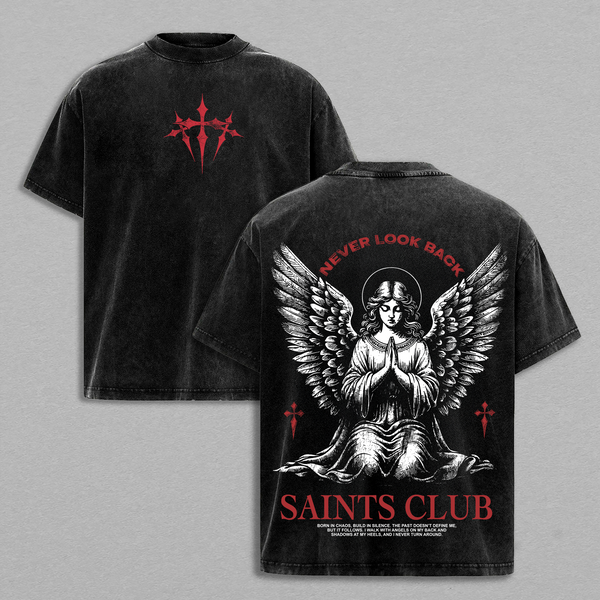 Saints Club Angel Tee | Never Look Back Vintage Washed T-Shirt /Sweatshirt / Hoodie | Faith and Redemption Streetwear | Praying Angel Graphic Christian Tee | Jesus Apparel Christian Bible Verse