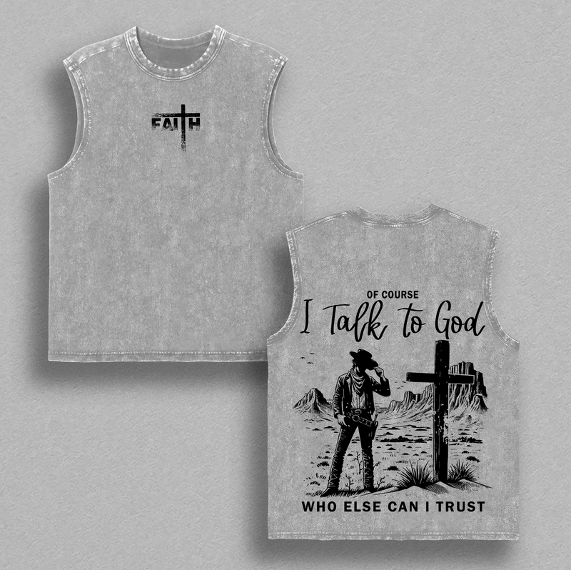 I Talk to God T Shirt Christian Cowboy Vintage Washed Oversized Faith Graphic Tee Cross Western Streetwear Heavy Cotton Religious Inspiration Shirt for Men Women Jesus Apparel