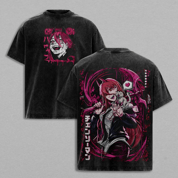 Power Chainsaw Man Anime T-Shirt Vintage Acid Wash Oversized Graphic Tee Streetwear Devil Hunter Gift
