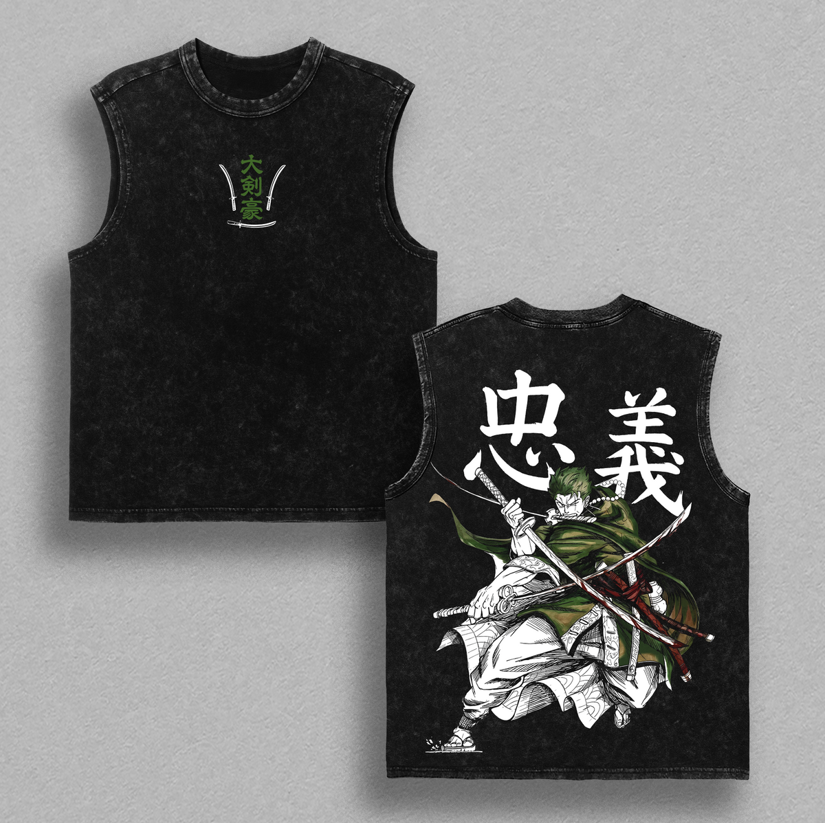 Roronoa Zoro Washed Tee, Tank Top, Hoodie, Sweatshirt – One Piece Anime Pirate Hunter Santoryu Three Sword Style Manga Graphic Double Printed T-Shirt, Menswear Heavy Cotton Unisex Oversize Streetwear Vintage