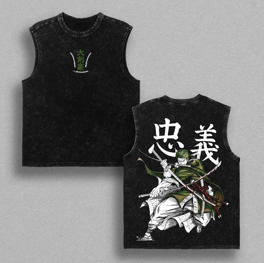 Roronoa Zoro Washed Tee, Tank Top, Hoodie, Sweatshirt – One Piece Anime Pirate Hunter Santoryu Three Sword Style Manga Graphic Double Printed T-Shirt, Menswear Heavy Cotton Unisex Oversize Streetwear Vintage