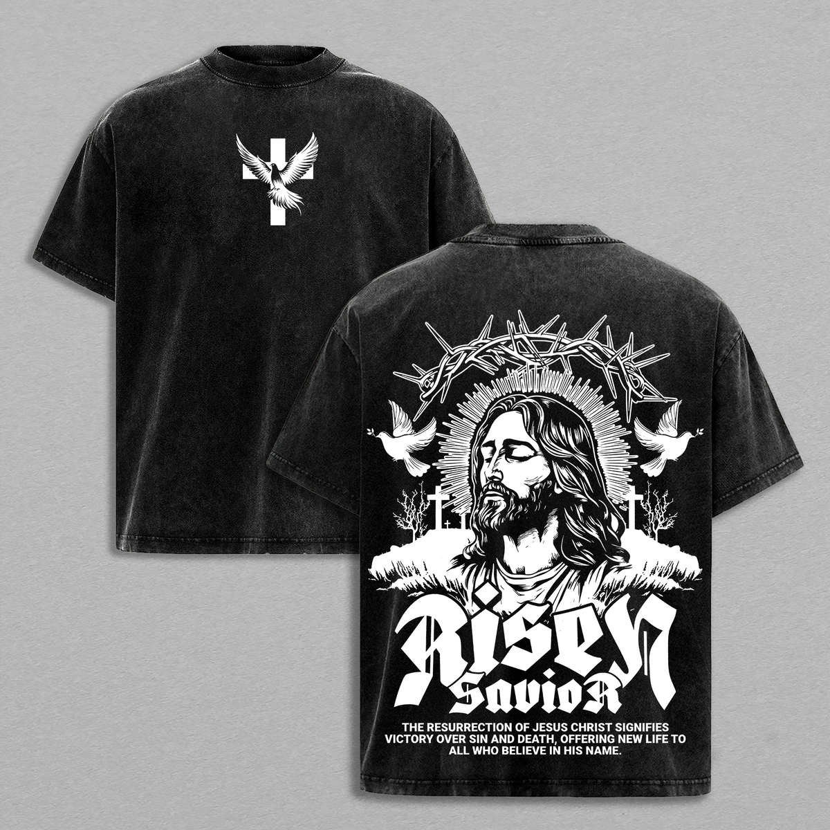 Risen Savior Jesus T-Shirt | Vintage Washed Christian Tee with Cross and Dove | Resurrection of Christ Graphic – Victory Over Sin and Death | Faith-Based Streetwear by Glory Threads
