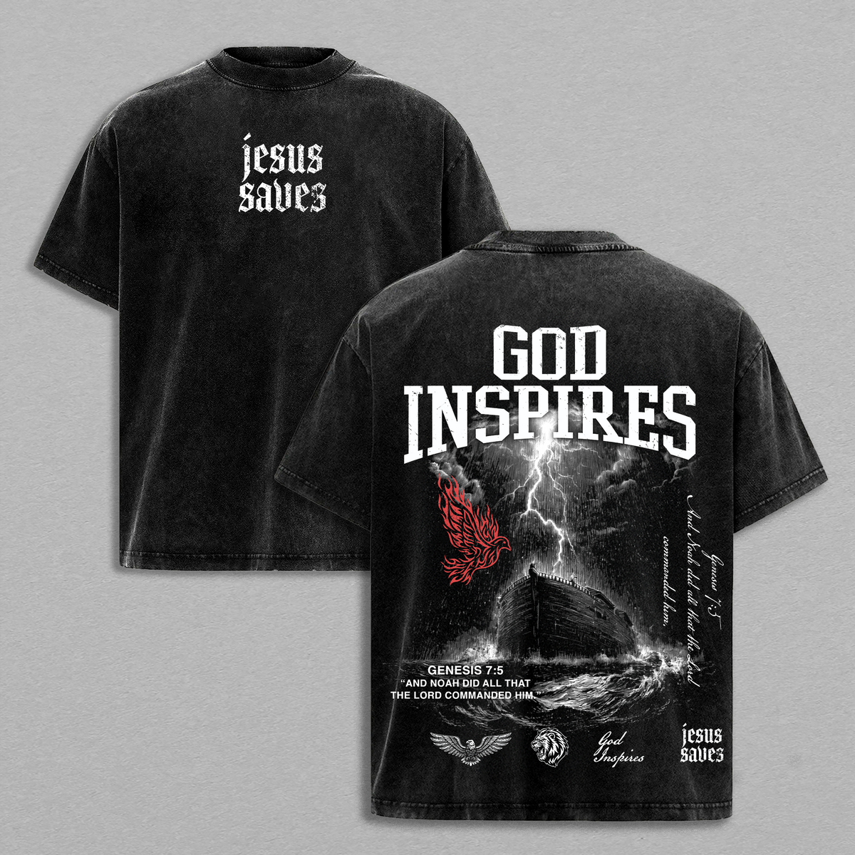 God Inspires Vintage Washed Oversized Christian T-Shirt – “Jesus Saves” Faith Graphic Tee, Heavy Cotton Retro Gospel Streetwear Top, Unisex Worship Apparel for Believers & Followers of Christ
