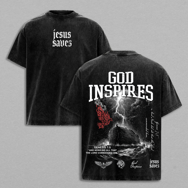 God Inspires Vintage Washed Oversized Christian T-Shirt – “Jesus Saves” Faith Graphic Tee, Heavy Cotton Retro Gospel Streetwear Top, Unisex Worship Apparel for Believers & Followers of Christ