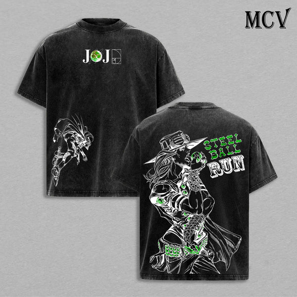 JoJo Steel Ball Run Anime Vintage Washed T-Shirt, Gyro Zeppeli Graphic Tee, Manga Streetwear Heavy Cotton Shirt