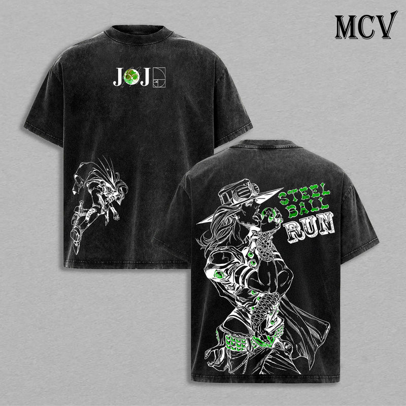 JoJo Steel Ball Run Anime Vintage Washed T-Shirt, Gyro Zeppeli Graphic Tee, Manga Streetwear Heavy Cotton Shirt
