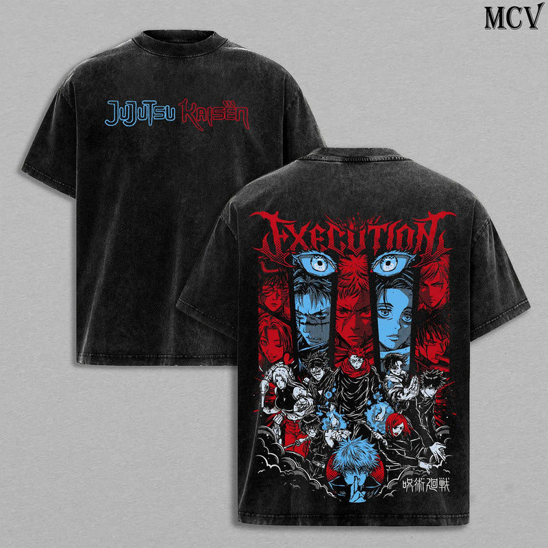 Jujutsu Kaisen Washed T-Shirt – Shibuya Incident Execution Theme Anime Manga Group Graphic Double Printed Tee, Menswear Heavy Cotton JJK Tee Unisex Oversize Streetwear Vintage, Gift for Anime Fans