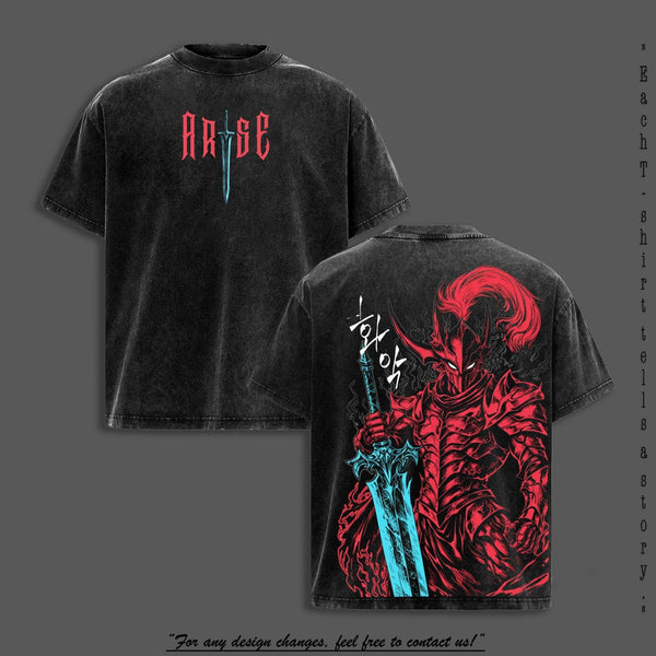 Igris Vintage Washed Oversized T-Shirt – Solo Leveling, Shadow Knight Commander Anime Graphic, Absolute Loyalty And Silent Blade Theme, Heavyweight Cotton Streetwear Unisex