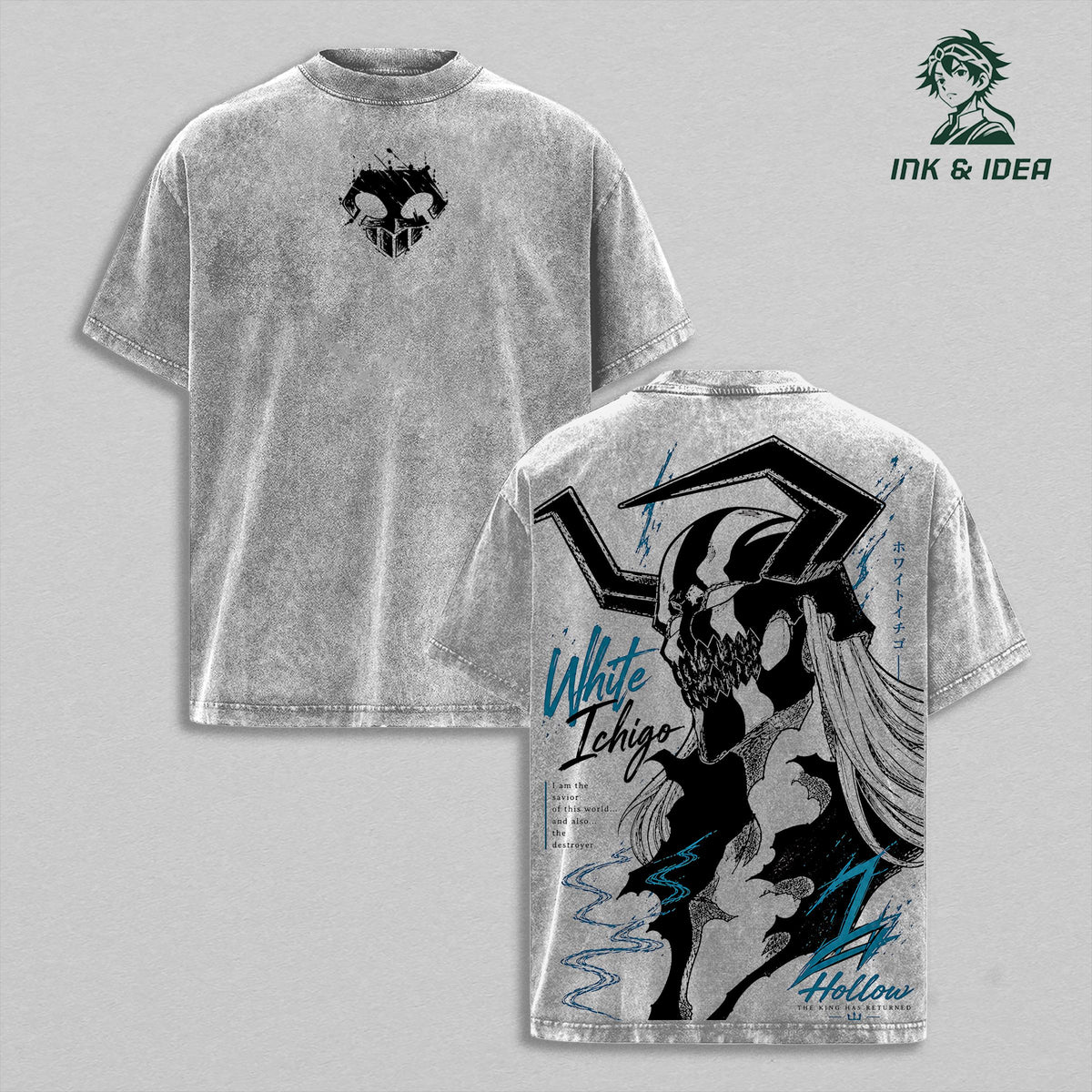 White Ichigo Hollow Vintage Washed T-Shirt, Bleach Graphic Tee, Oversized Heavy Cotton Anime Shirt, Gothic Manga Streetwear, Cross Hatch Back Print Apparel Classic