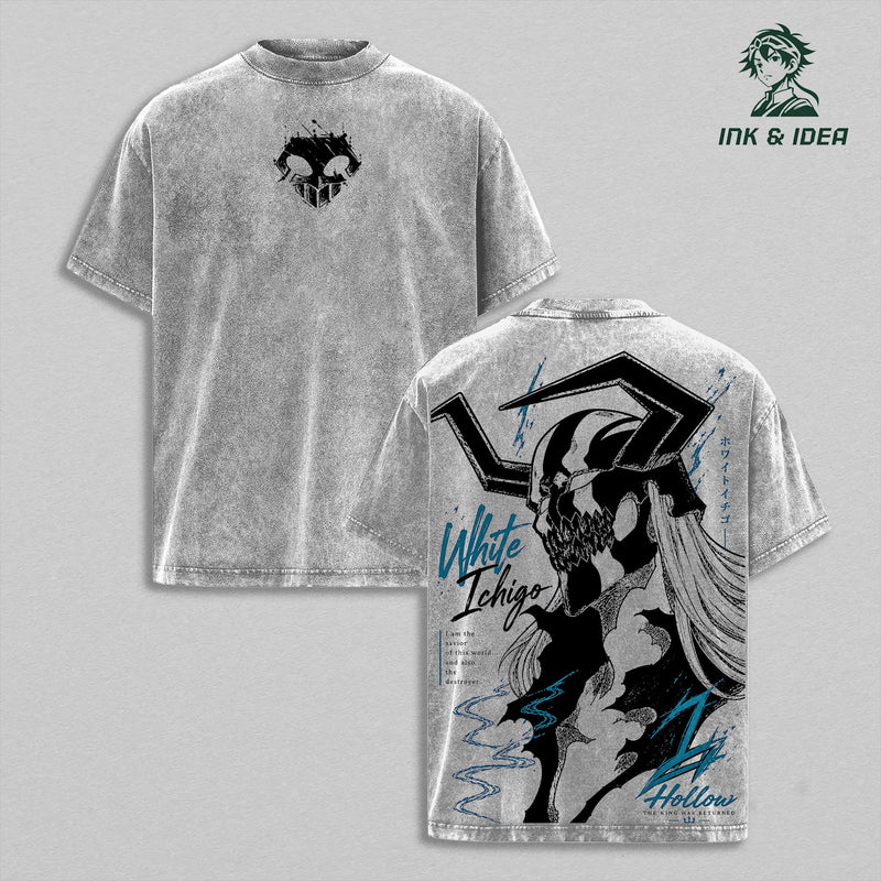 White Ichigo Hollow Vintage Washed T-Shirt, Bleach Graphic Tee, Oversized Heavy Cotton Anime Shirt, Gothic Manga Streetwear, Cross Hatch Back Print Apparel Classic