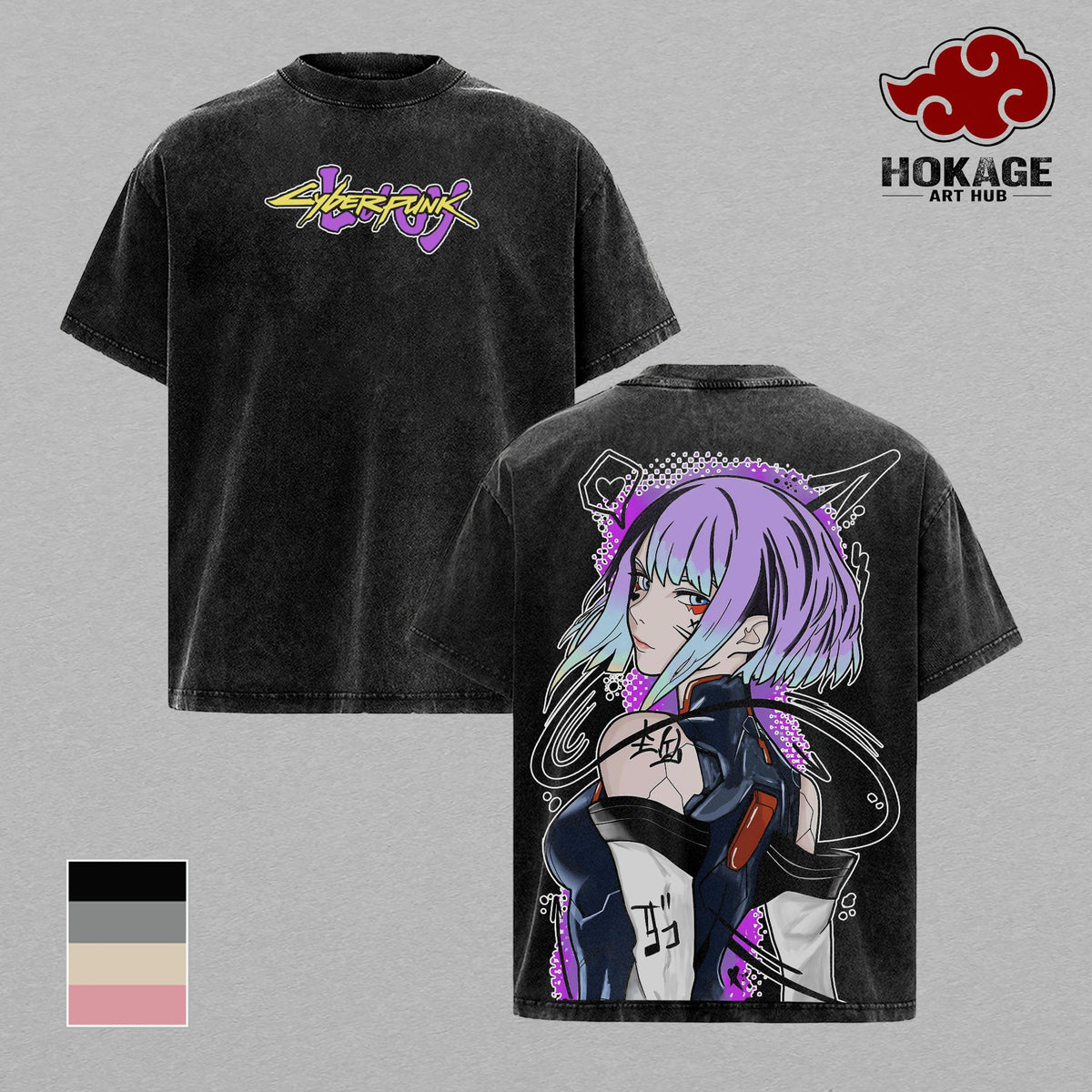 Lucy - Cyberpunk Edgerunners Netrunner Waifu Double Printed Graphic Tee, Vintage Washed Streetwear For Men, Heavy Cotton Oversized Shirt, Gift For Anime Fans