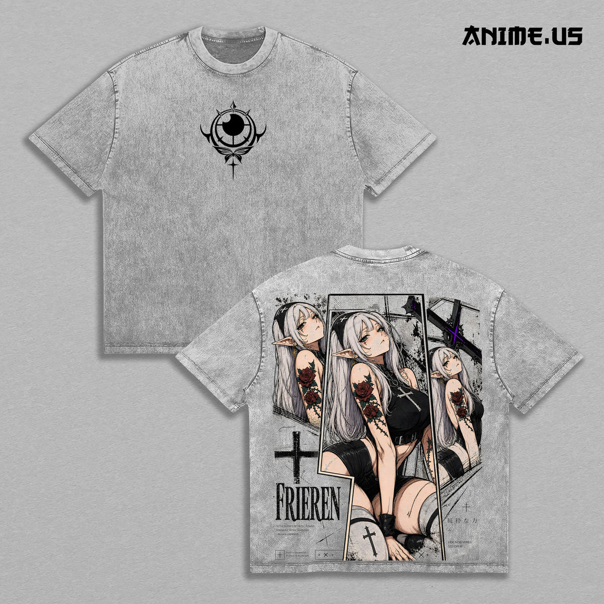 Frieren Gothic Vintage Washed T-Shirt, Beyond Journey's End Anime Graphic Tee, Dark Fantasy Elf Waifu Gym Pump Cover Oversized Back Print Heavy Cotton Streetwear Shirt