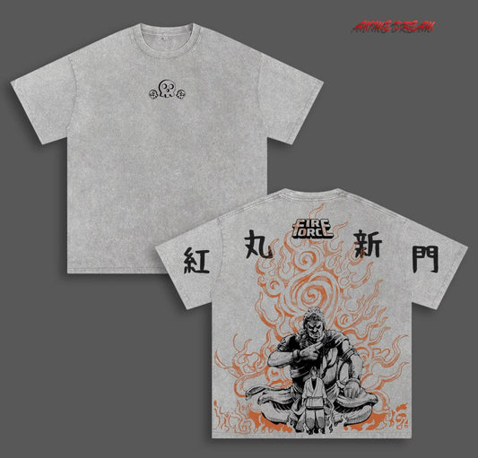 Shinmon Benimaru Fier force Anime Double Printed Vintage Washed Tee Unisex Oversize Anime Manga Washed Heavyweight Cotton T-shirt