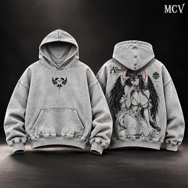 Albedo Overlord Washed Hoodie – Albedo Vintage Washed Oversized Hoodie | Guardian Overseer of Nazarick | Dark Fantasy Anime Manga Graphic | Gothic Japanese Irezumi Tattoo Art | Premium Unisex Streetwear