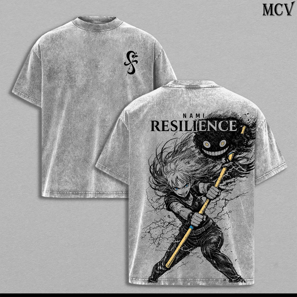Nami Resilience Washed Tee – One Piece Anime Manga Lightning Graphic Double Printed T-Shirt, Menswear Heavy Cotton Unisex Oversize Streetwear Vintage Edition