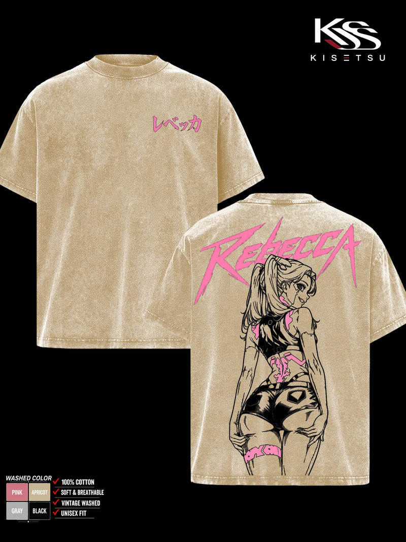 Rebecca Cyberpunk Edgerunners Double Sided Graphic Tee, Oversized Vintage Washed Anime T-Shirt, Soft Cotton Round Neck Menswear Unisex Streetwear, Gift for Anime Fans
