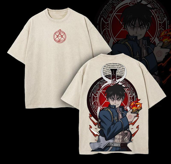 Roy Mustang Fullmetal Alchemist Anime Double Printed Vintage Washed Tee Unisex Oversize Anime Manga Washed Heavyweight Cotton T-shirt for Anime Fans and Lovers