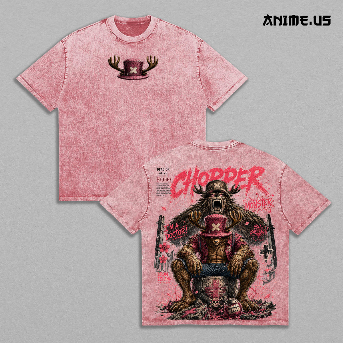 Toni Chopper Monster Point OnePiece Anime Graphic Tee Drum Island Doctor Vintage Washed Oversized T-Shirt Manga Art Heavyweight Cotton Streetwear Back Print Shirt