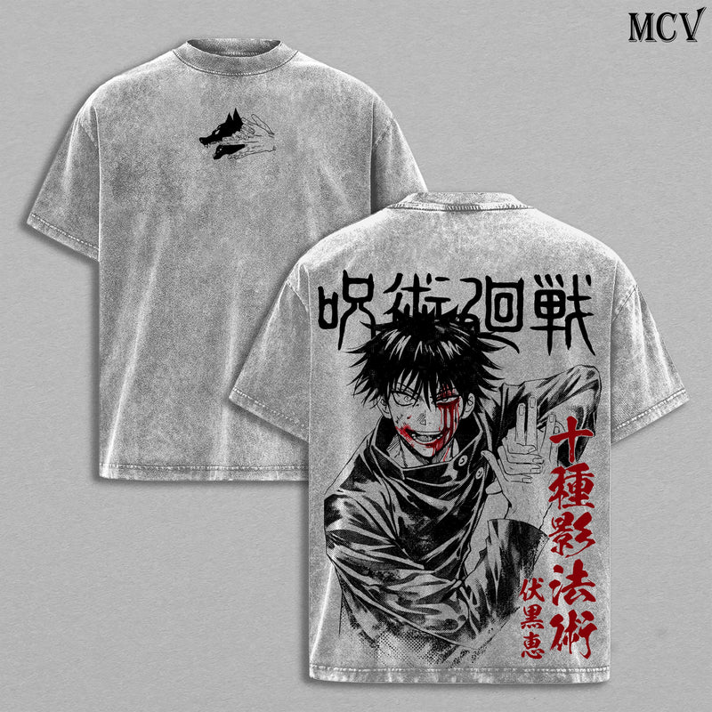 Megumi Fushiguro Washed Tee / Hoodie – Jujutsu Kaisen Culling Game Arc Anime Ten Shadows Technique Divine Dogs Shikigami Manga Graphic Double Printed T-Shirt, Menswear Heavy Cotton Unisex Oversize Streetwear Vintage