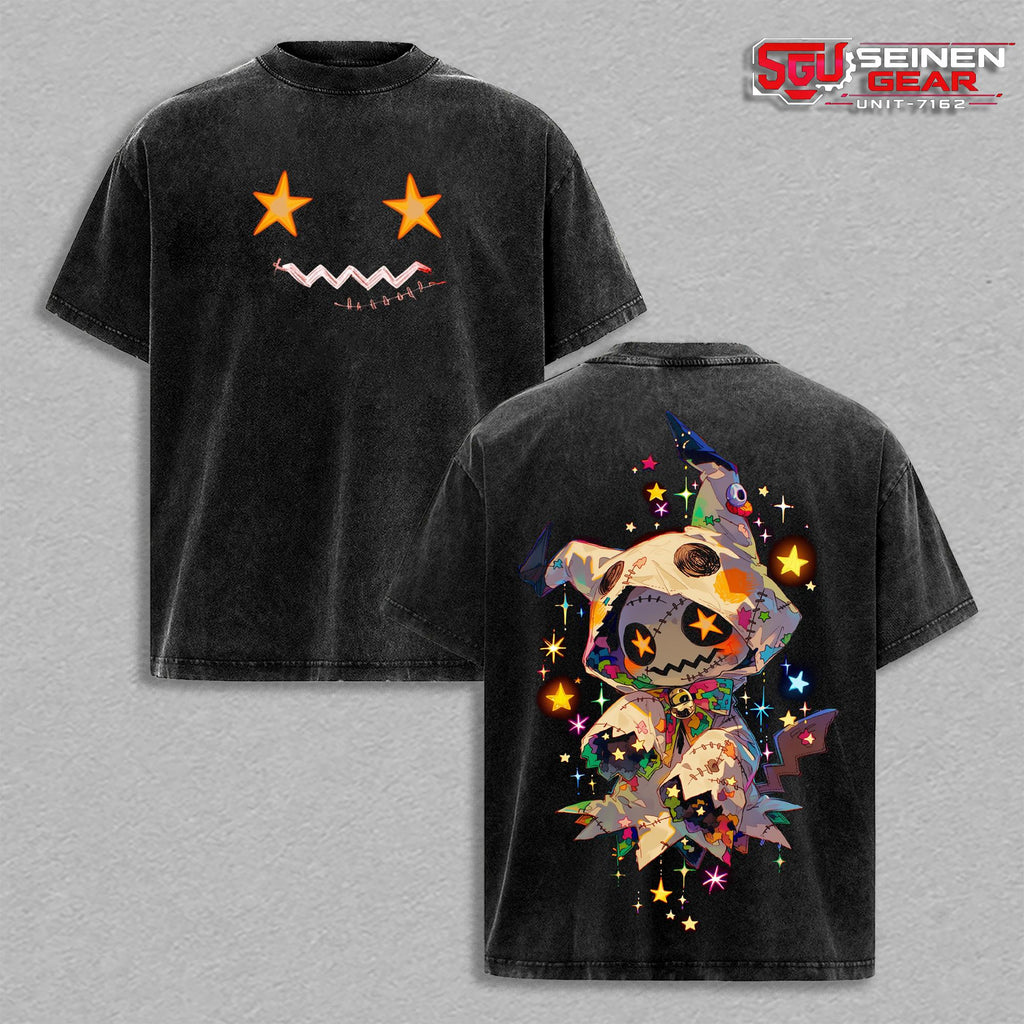 Mimikyu PKM Vintage Washed Oversized T-Shirt, Ghost Fairy Pocket Monster Graphic Tee, Anime Gaming Streetwear Soft Cotton Top Outfit for Men, Casual Gift for PKM Fans