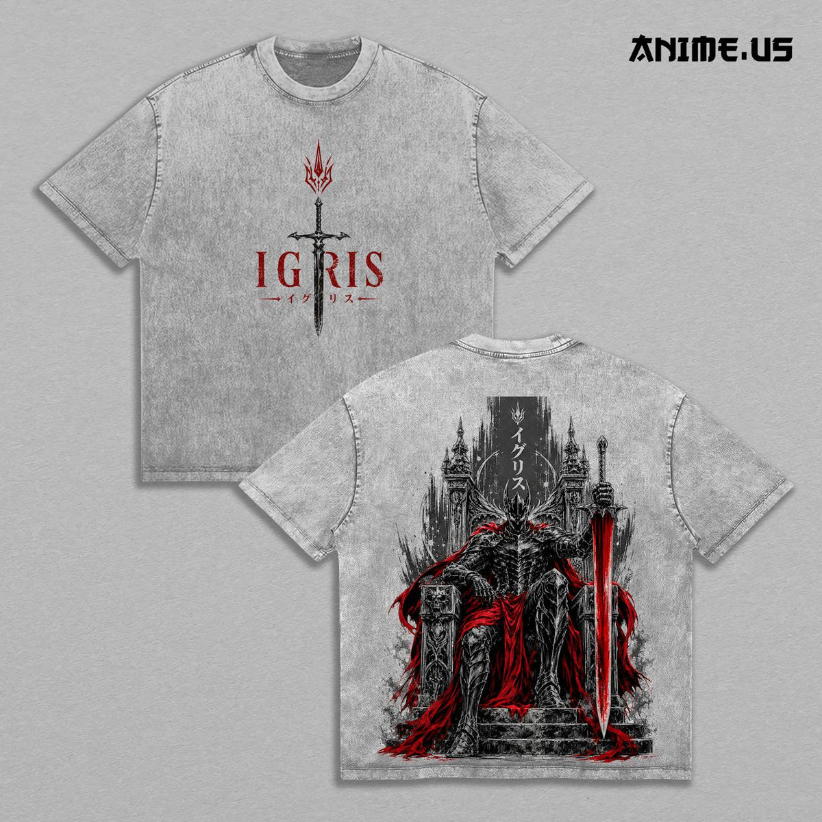 Igris Solo Leveling Shadow Knight Vintage Washed Anime Shirt, Dark Throne Giant Sword Loyal Commander Gothic Fantasy Graphic Tees Men Large Back Print Streetwear