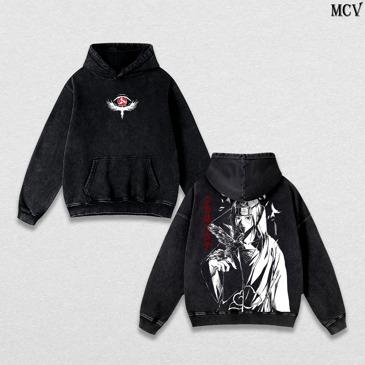 Uchiha Itachi – Naruto Shippuden – Vintage Washed Heavyweight Cotton Hoodie Japanese Anime Streetwear Graphic