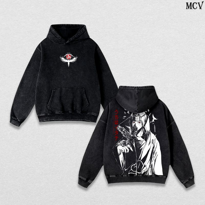 Uchiha Itachi – Naruto Shippuden – Vintage Washed Heavyweight Cotton Hoodie Japanese Anime Streetwear Graphic