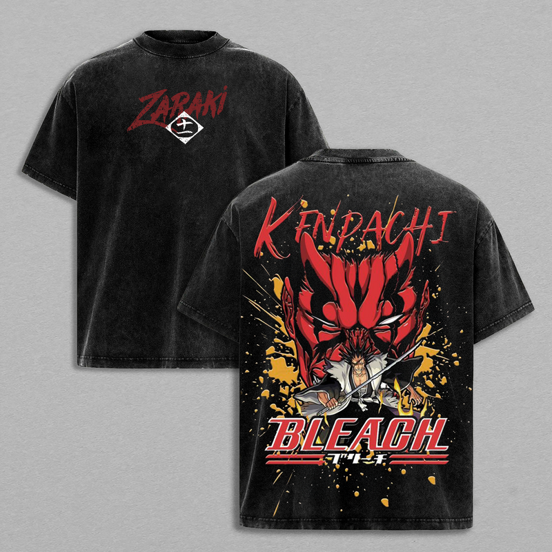 Zaraki Kenpachi Bleach T-Shirt, Vintage Washed Anime Graphic Tee, Back Print Oversized Heavyweight Cotton Shirt, Japanese Anime Streetwear, Unisex Fashion, Gift for Bleach Fans