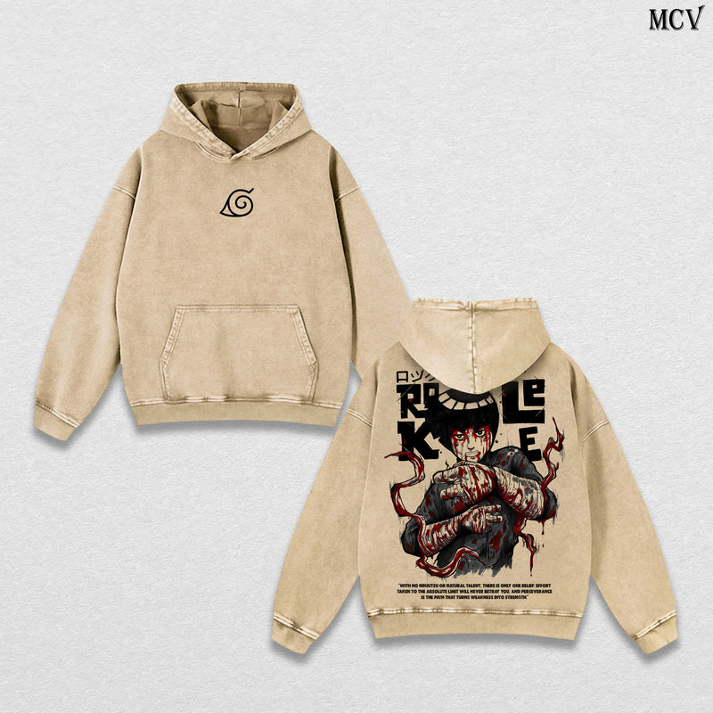 Rock Lee – Naruto Shippuden – Vintage Washed Heavyweight Cotton Hoodie Anime Streetwear