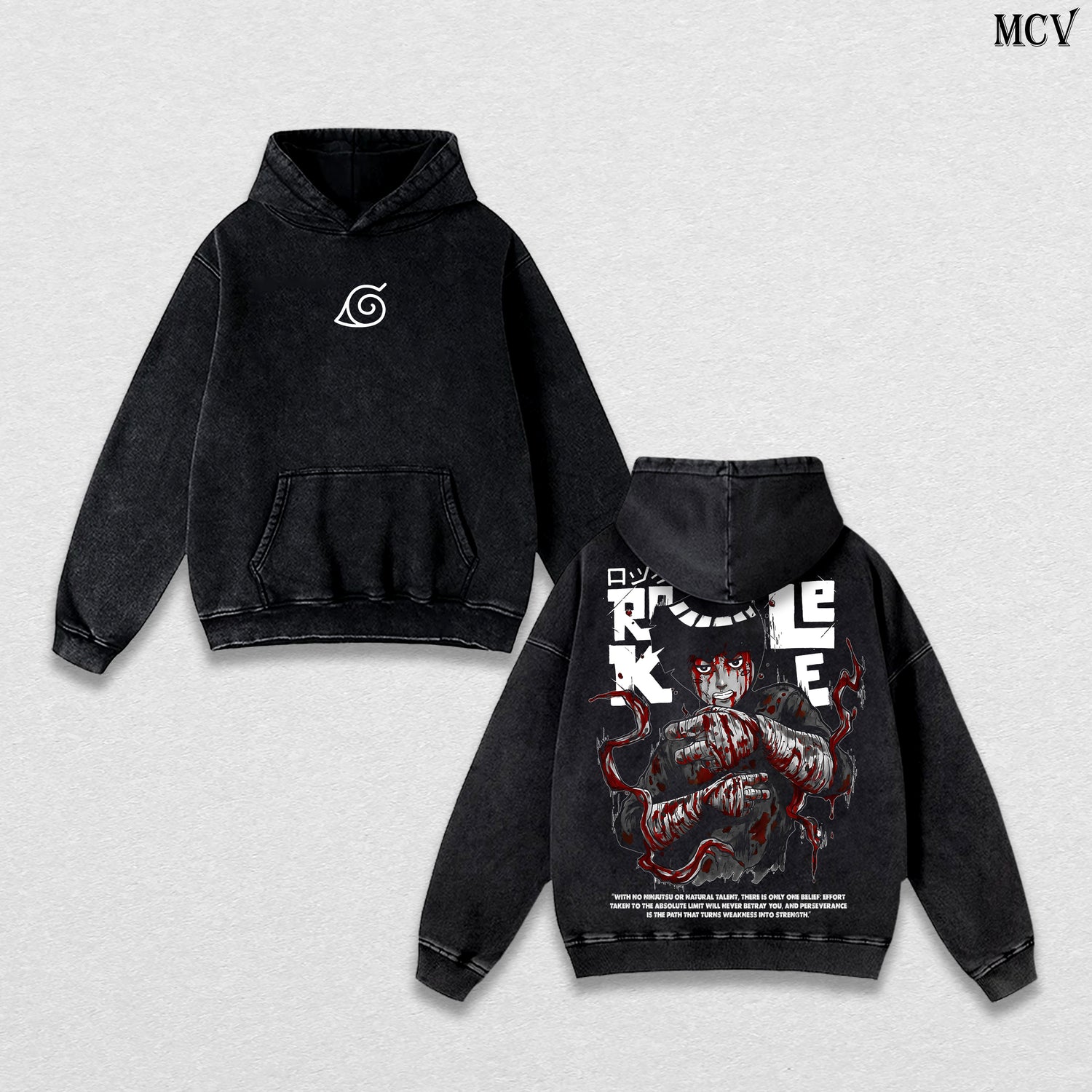 Rock Lee – Naruto Shippuden – Vintage Washed Heavyweight Cotton Hoodie Anime Streetwear