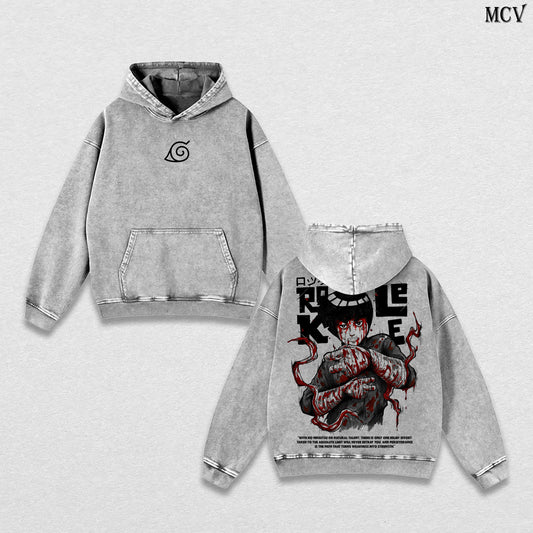 Rock Lee – Naruto Shippuden – Vintage Washed Heavyweight Cotton Hoodie Anime Streetwear