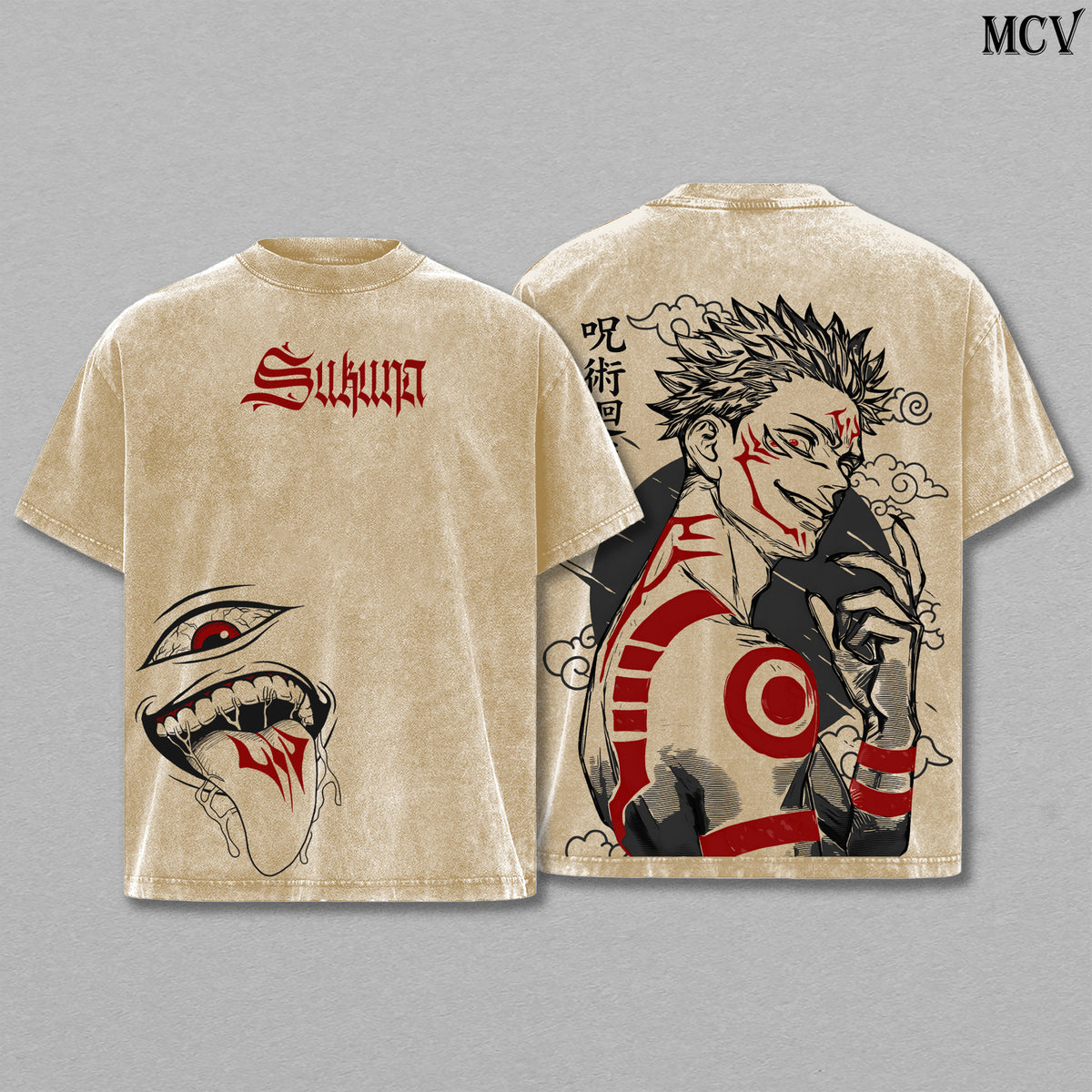 Ryomen Sukuna – Jujutsu Kaisen – Vintage Washed Heavyweight Cotton Anime Graphic T-Shirt Japanese Manga Streetwear Tee