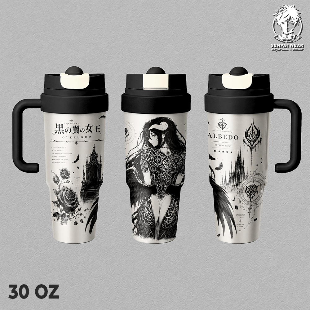 Albedo Overlord 17oz 24oz 30oz Insulated Tumbler, Black Wing Queen Anime Travel Mug, Gothic Manga Thermal Cup, Reusable Hot & Cold Drink Cup, Dark Fantasy Gift for Overlord Fans
