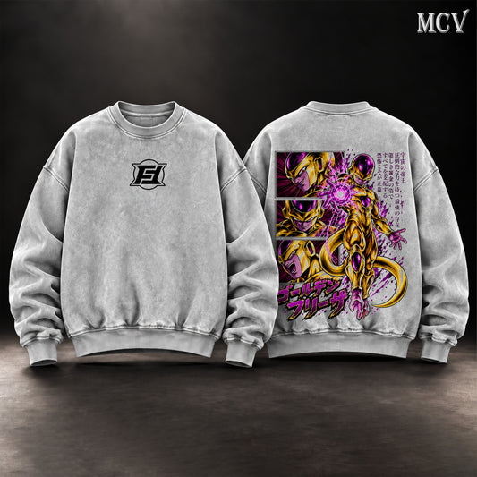 Golden Frieza Dragon Ball Super Vintage Washed Oversized Sweatshirt, Double-Sided Anime Graphic Crewneck, Frieza Golden Form Purple Energy Blast Artwork, Retro 90s Y2K Streetwear, Unisex Dragon Ball Fan Gift