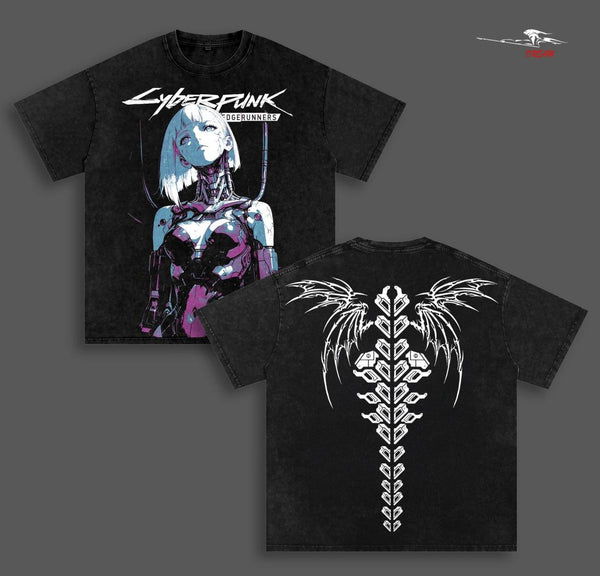 Cyberpunk V5 Anime Double Printed Vintage Washed Tee Unisex Oversize Heavyweight Cotton T-shirt for Anime Fans and Lovers