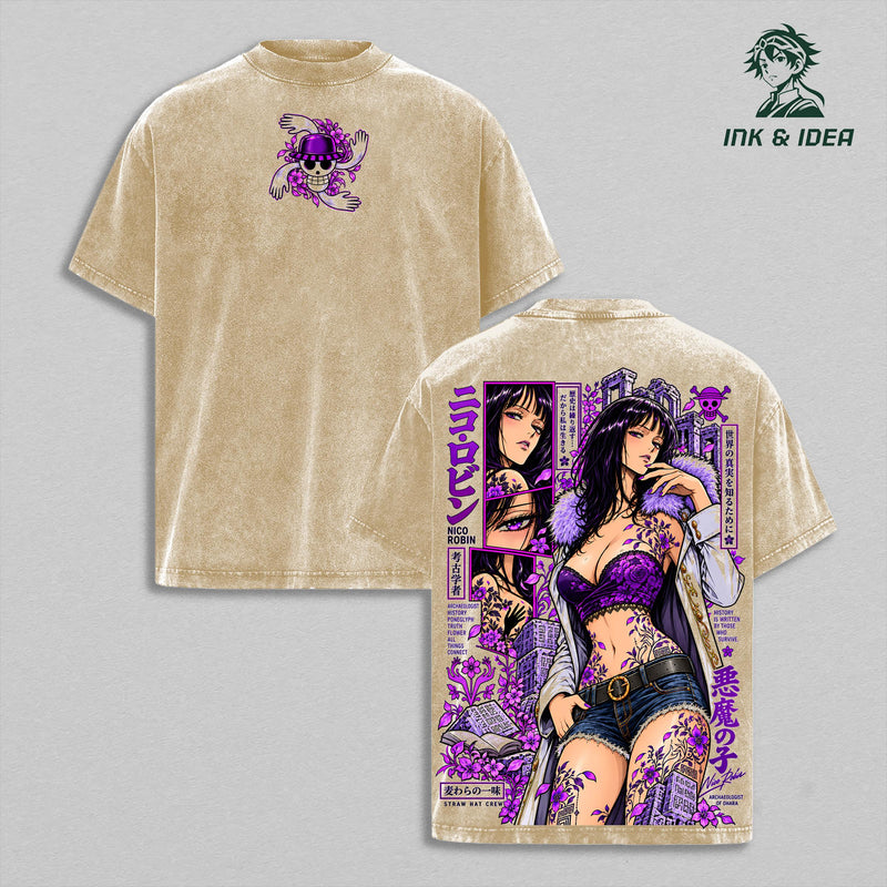Nico Robin Devil Child One Piece Vintage Washed T-Shirt, Archaeologist Hana Hana Floral Double Sided Graphic Tee, Oversized Heavy Cotton Gym Streetwear, Unisex Straw Hat Fan Gift