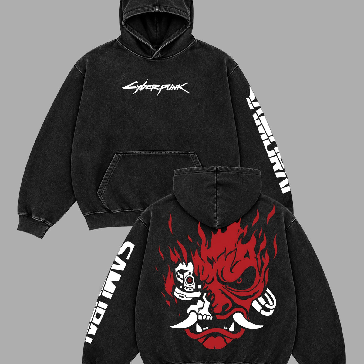 Cyberpunk 2077 Samurai Vintage Washed Oversized Hoodie & Tee, Double-Sided & Sleeve Print Gaming Graphic Pullover, Johnny Silverhand Night City Streetwear, Unisex Gamer Gift