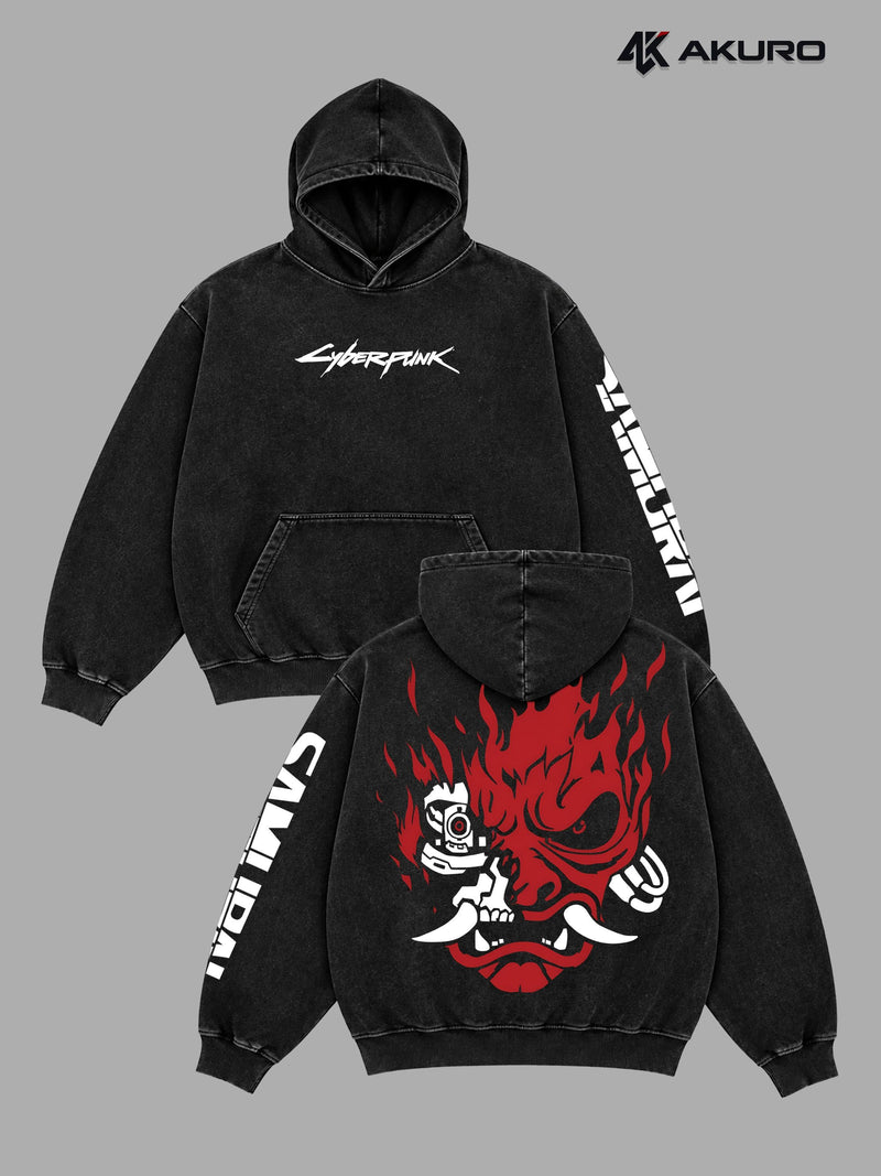 Cyberpunk 2077 Samurai Vintage Washed Oversized Hoodie & Tee, Double-Sided & Sleeve Print Gaming Graphic Pullover, Johnny Silverhand Night City Streetwear, Unisex Gamer Gift