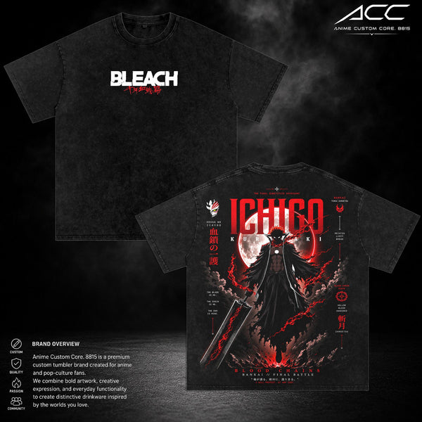 Ichigo Kurosaki Blood Chain New Form Vintage Washed T-Shirt, Bleach Anime Graphic Tee, Oversized Heavyweight Cotton Manga Shirt, Double Sided Shinigami Streetwear