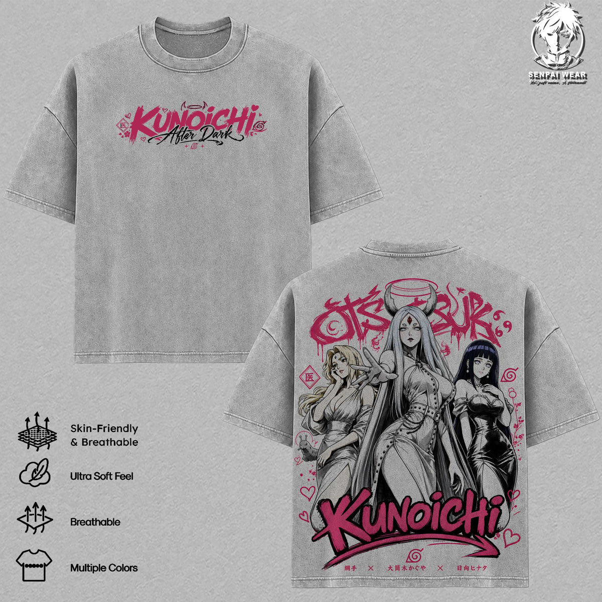 Tsunade, Kaguya, Hinata Graphic Tee, Naruto Vintage Washed Shirt, Unisex Streetwear, Female Ninja Streetwear Shirt Tee, Kunoichi After Dark T-Shirt, Gift for Anime Fans