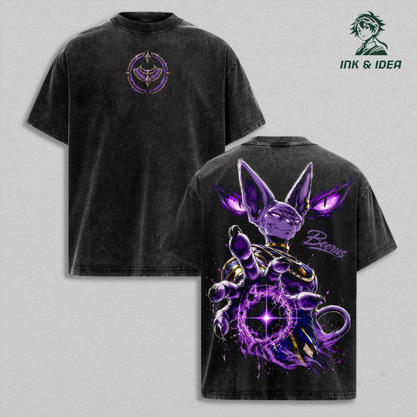 Beerus DBZ Super Vintage Washed Anime Tee, God of Destruction Hakai Graphic Shirt, Heavy Cotton Oversized Streetwear T-Shirt, Unisex Anime Fan Gift