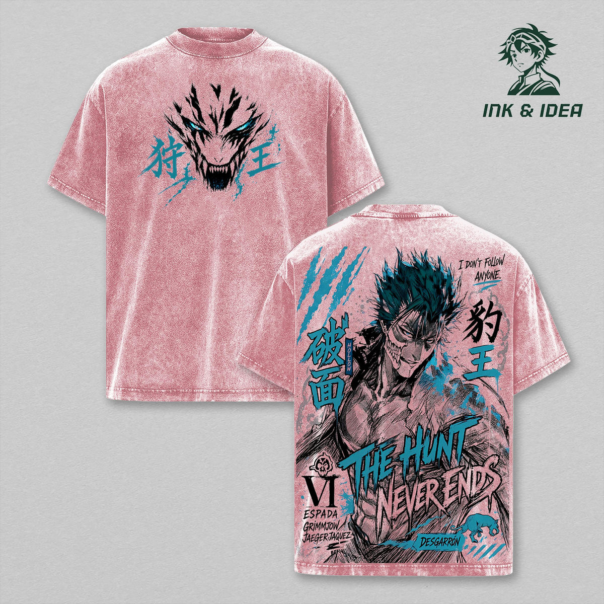 Grimmjow Jaegerjaquez Espada VI Vintage Washed Anime Tee, Bleach Arrancar Hollow Graphic Shirt, The Hunt Never Ends Oversized Streetwear, Heavyweight Cotton Anime Fan Gift