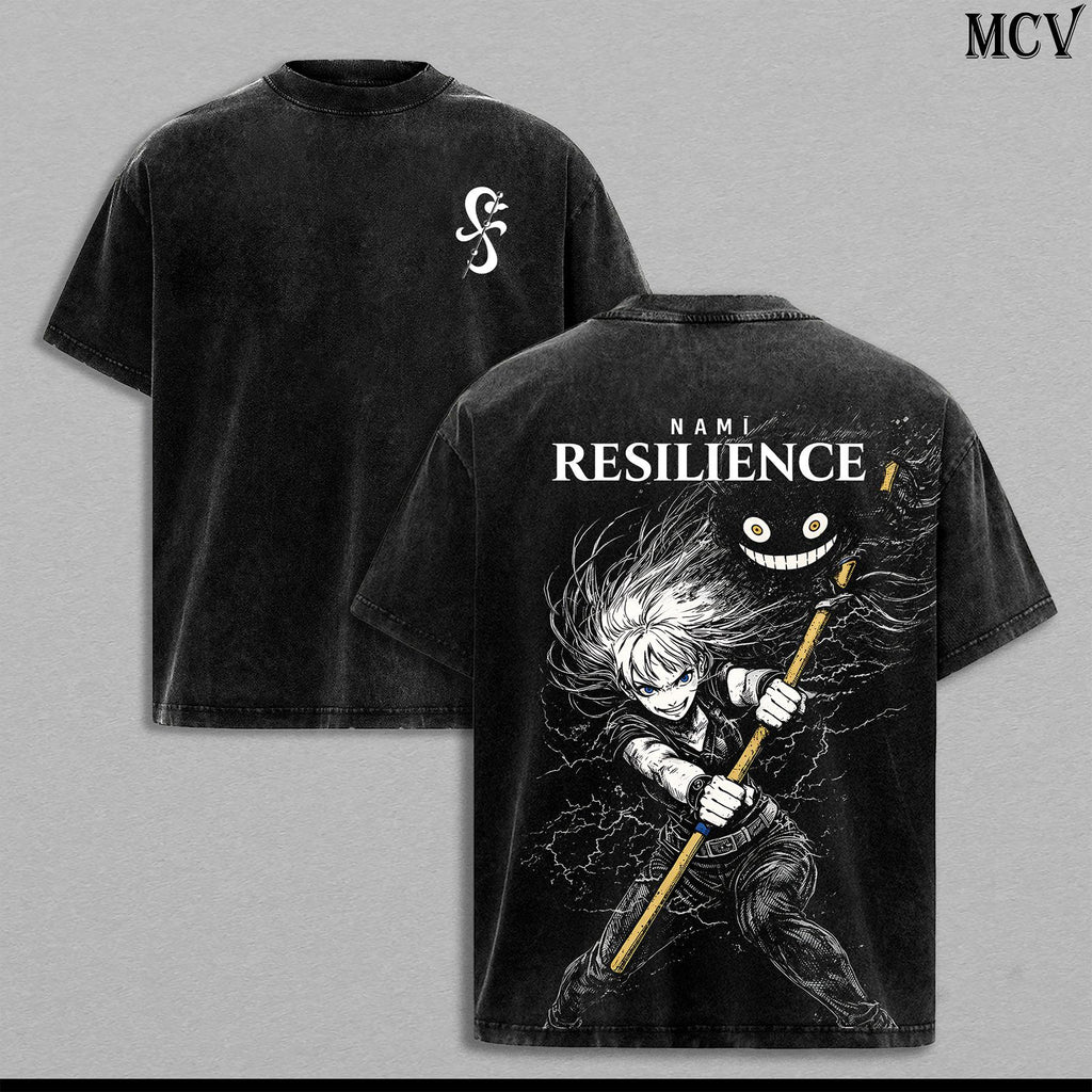 Nami Resilience Washed Tee – One Piece Anime Manga Lightning Graphic Double Printed T-Shirt, Menswear Heavy Cotton Unisex Oversize Streetwear Vintage Edition