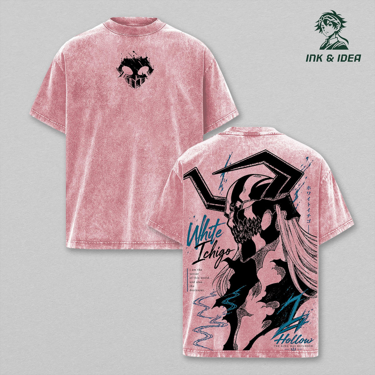 White Ichigo Hollow Vintage Washed T-Shirt, Bleach Graphic Tee, Oversized Heavy Cotton Anime Shirt, Gothic Manga Streetwear, Cross Hatch Back Print Apparel Classic