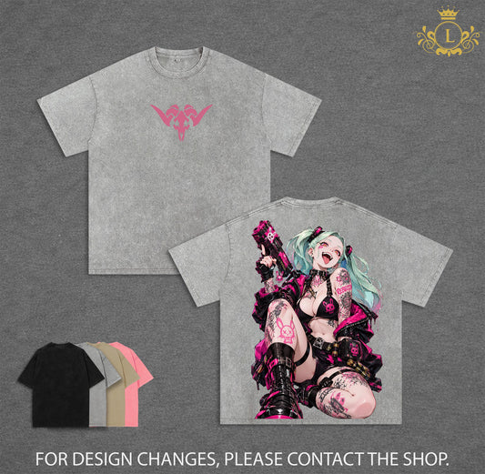 Limited Rebecca Cyberpunk Edgerunners Double Sided Graphic Tee, Oversized Vintage Washed Anime T-Shirt, Soft Cotton Round Neck Menswear Unisex Streetwear, Gift for Anime Fans
